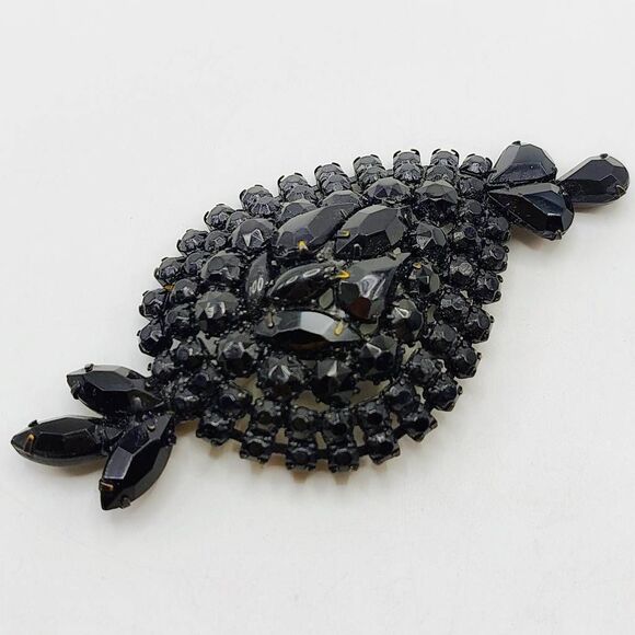 Large Vintage Leaf-shape Clustered Rhinestones Costume Brooch Pin Black - Picture 3 of 7